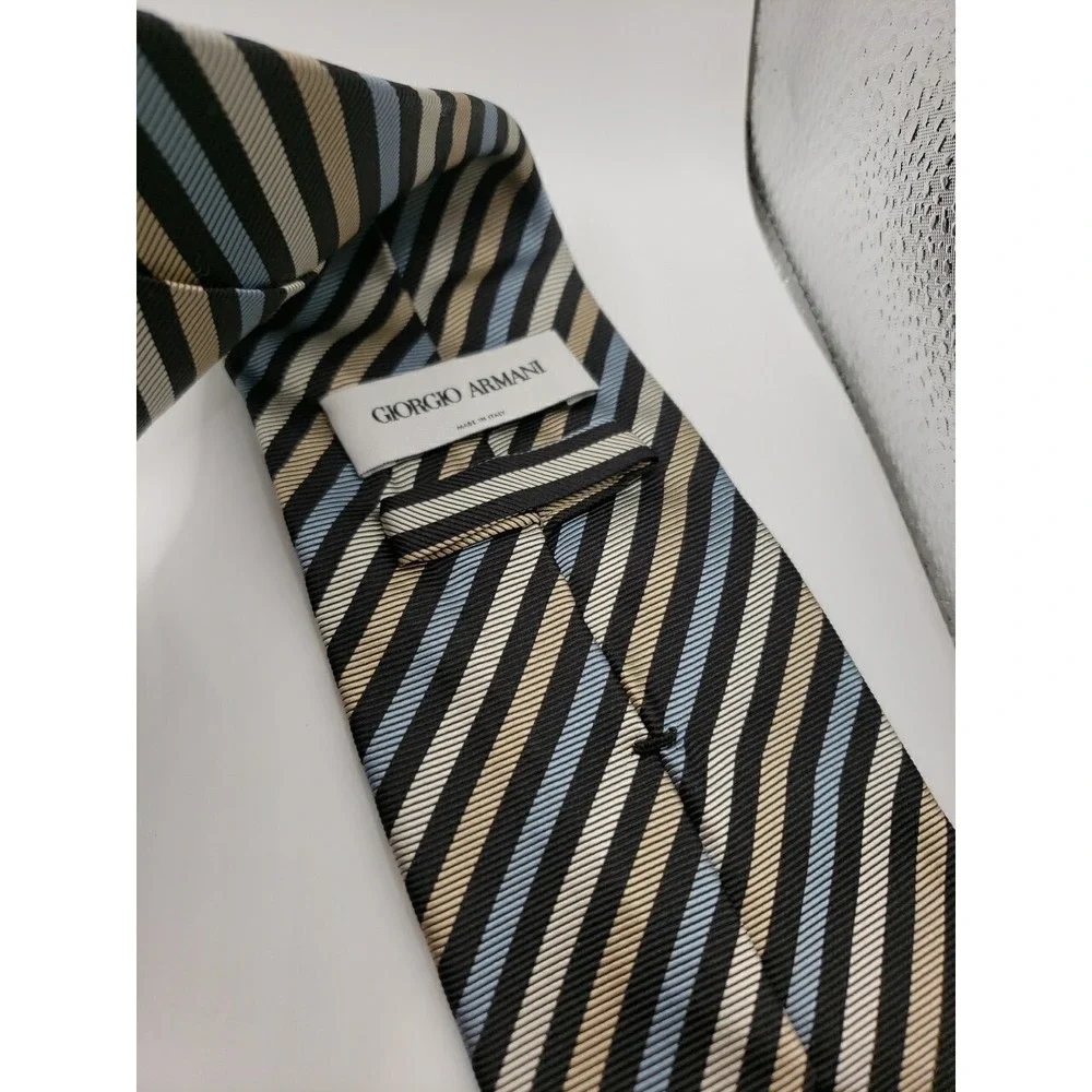 Giorgio Armani Mens Silk Tie Black Blue White Gold Striped Pattern Made in Italy